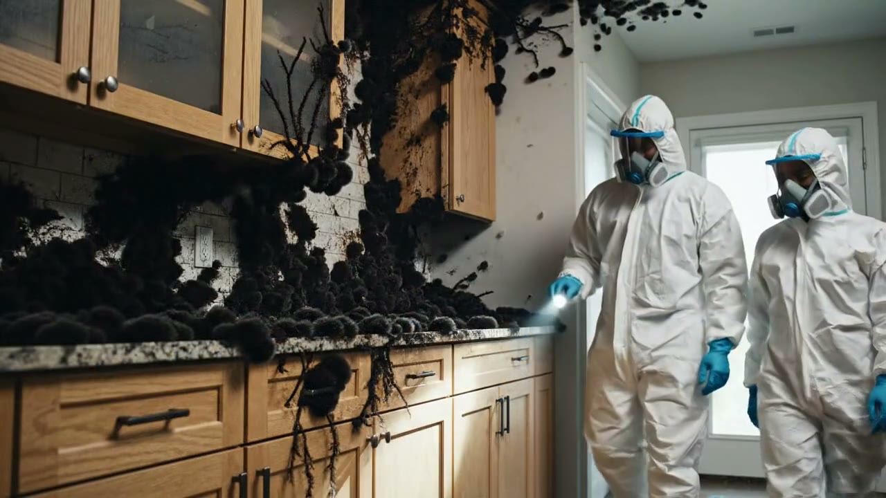 Technicians in protective suits inspecting mold contamination in a kitchen
